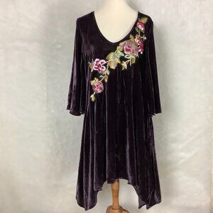 Aratta Silent Journey Stage Purple Velvet Embroidered Bell Sleeve Tunic Dress S